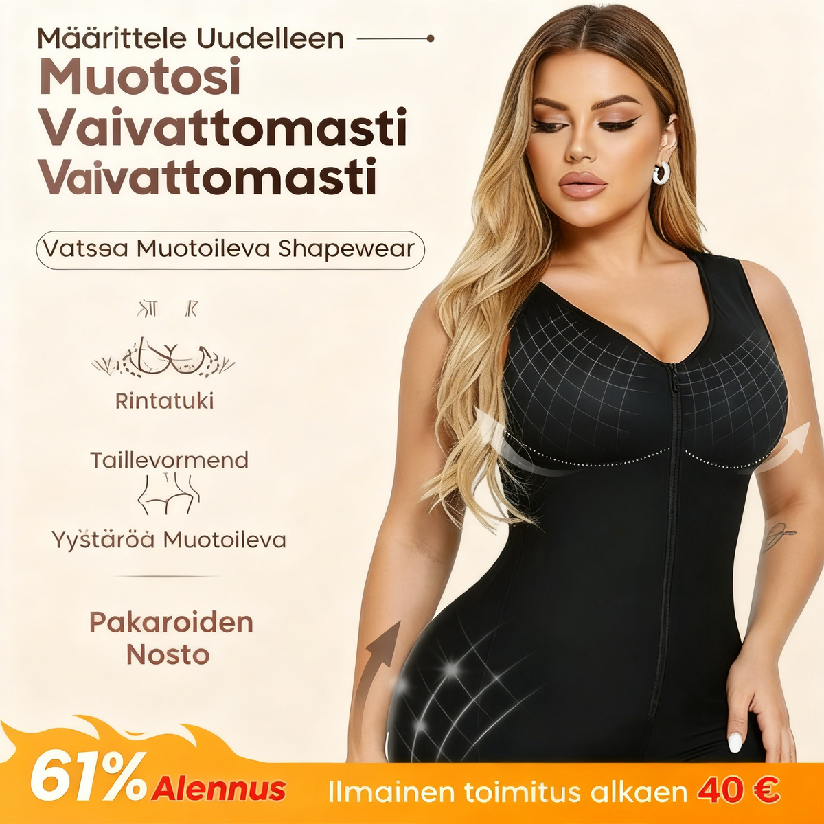 Vatsaa hallitseva pakaralihasten kohottaja vetoketjulla ja haaroilla, fajas colombianas