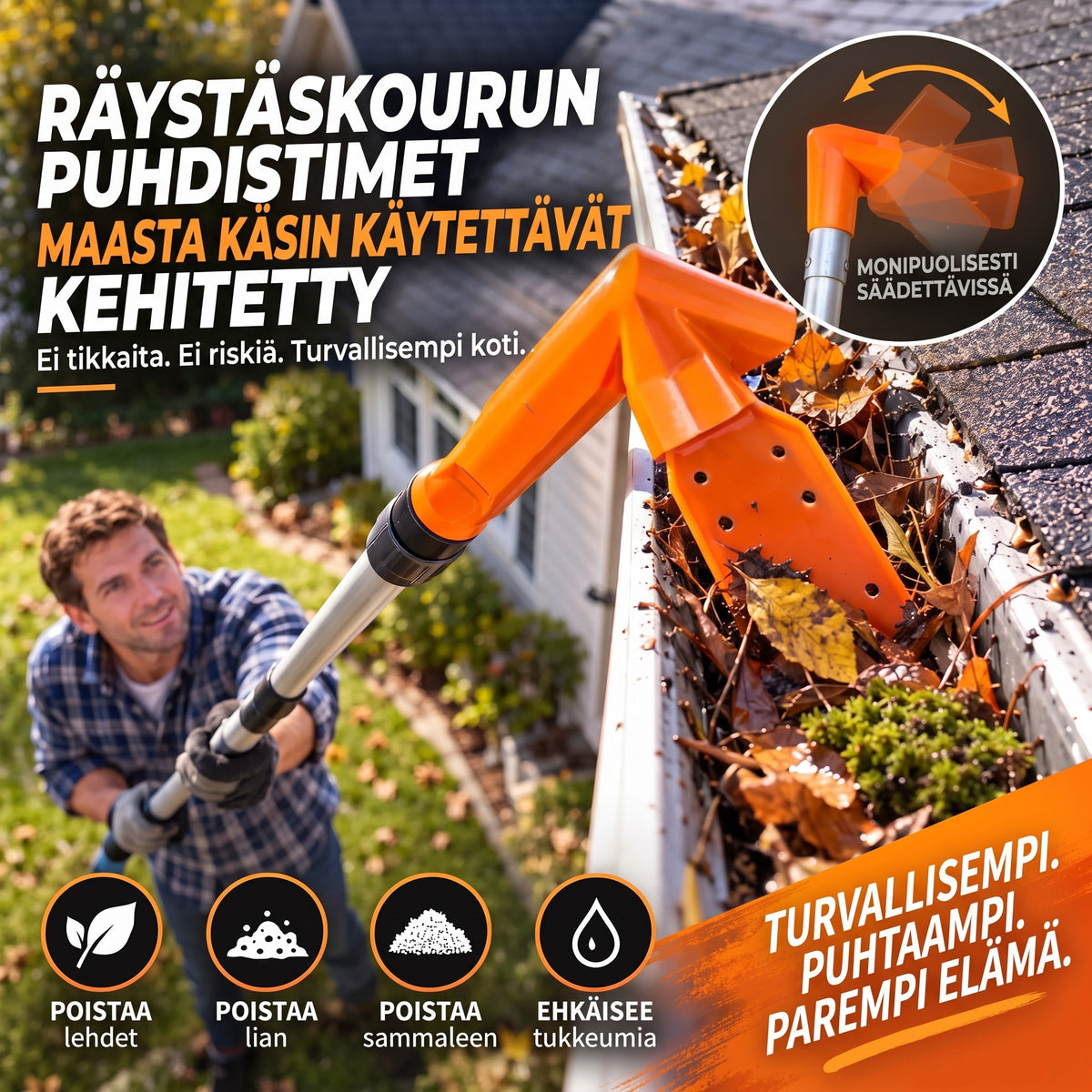 Ergonominen räystäskourujen puhdistin