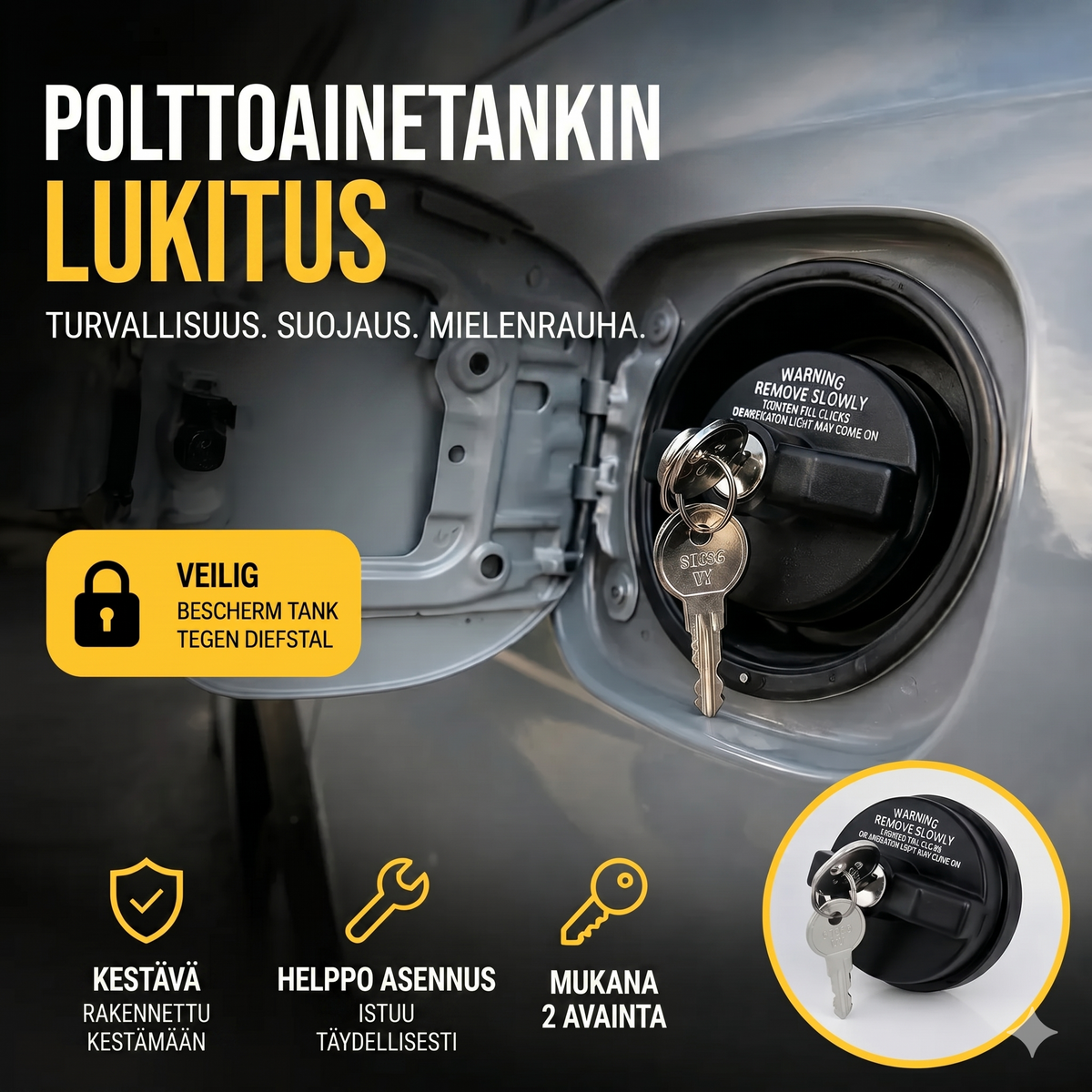 Lukittava polttoainekorkki avaimella