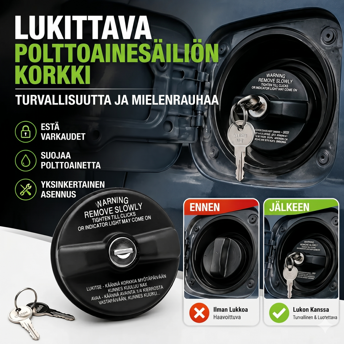 Lukittava polttoainekorkki avaimella