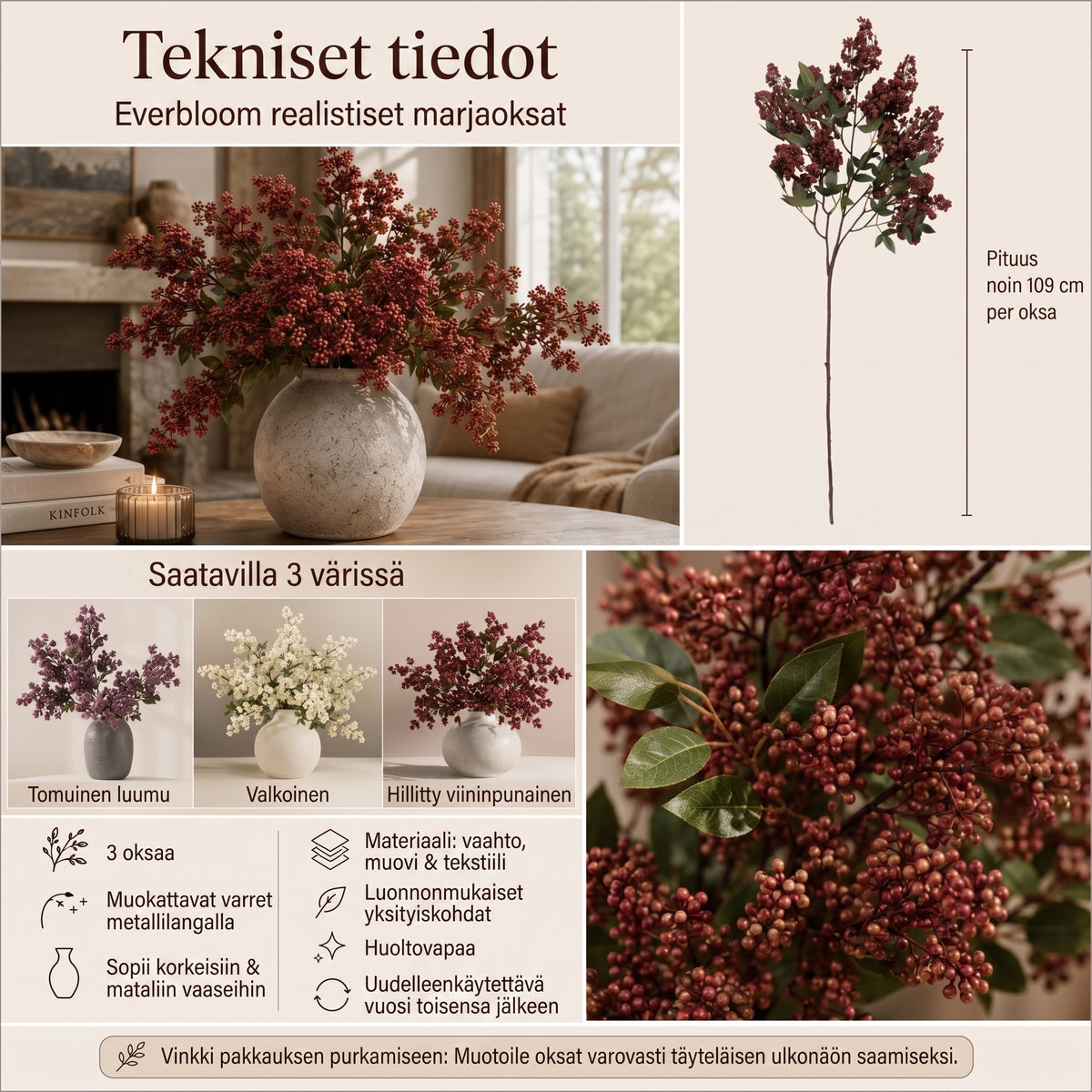 Everbloom aidonnäköiset marjaoksat syyskoristeeksi 3 kpl