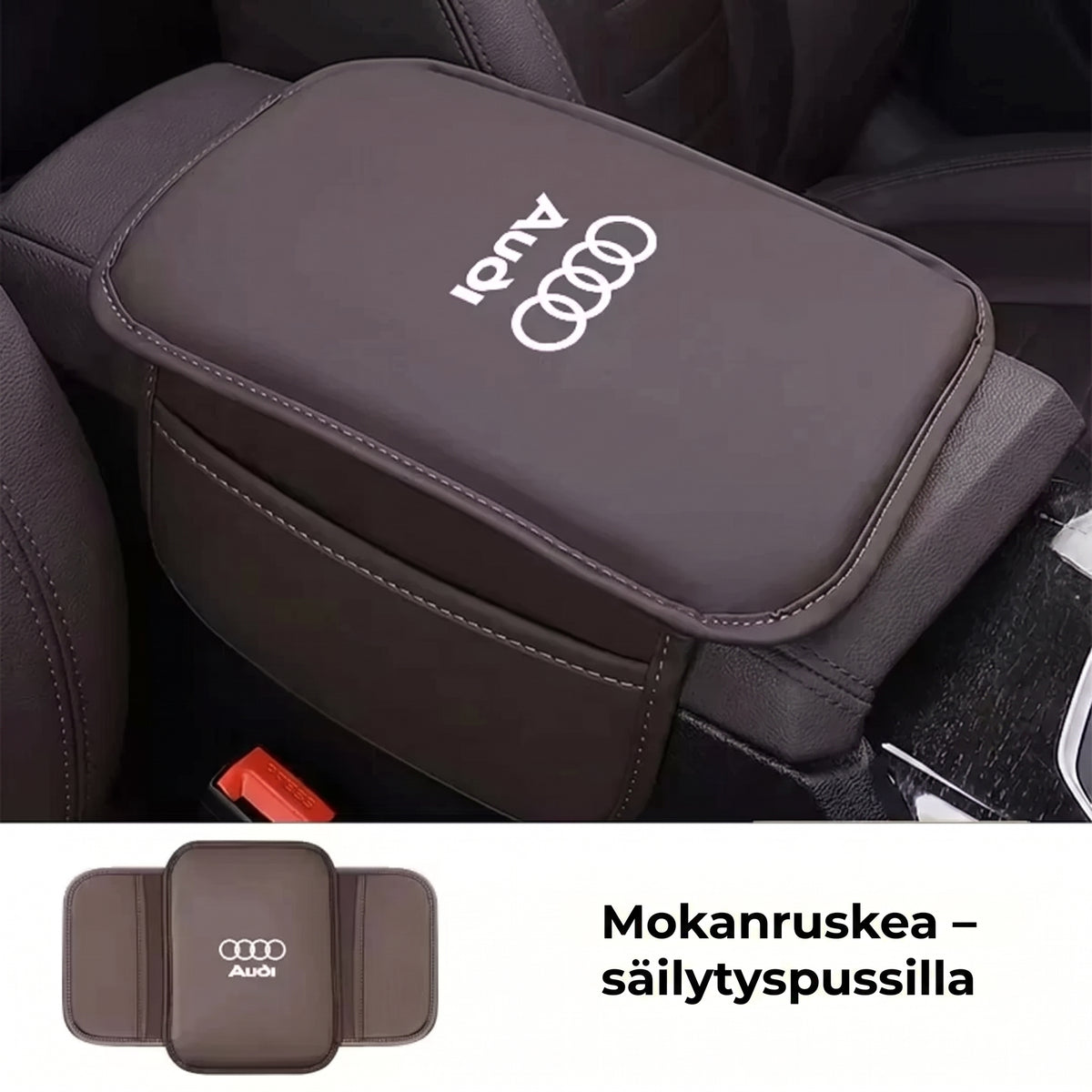 Auton keskikonsolin käsinojan suojus sivutaskuilla
