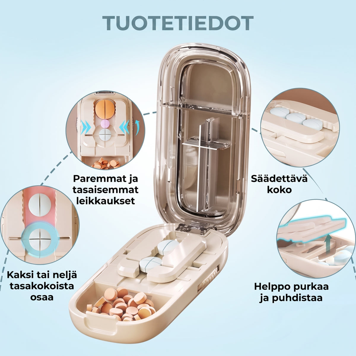 Säädettävä tabletinjakaja säilytyslokerolla