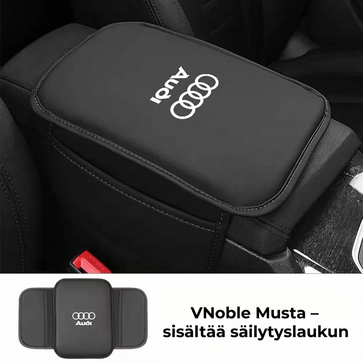 Auton keskikonsolin käsinojan suojus sivutaskuilla