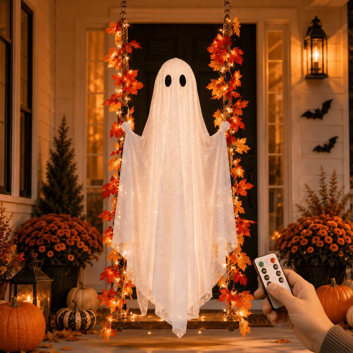 LED-valoilla varustettu roikkuva kummituskeinu Halloweeniksi