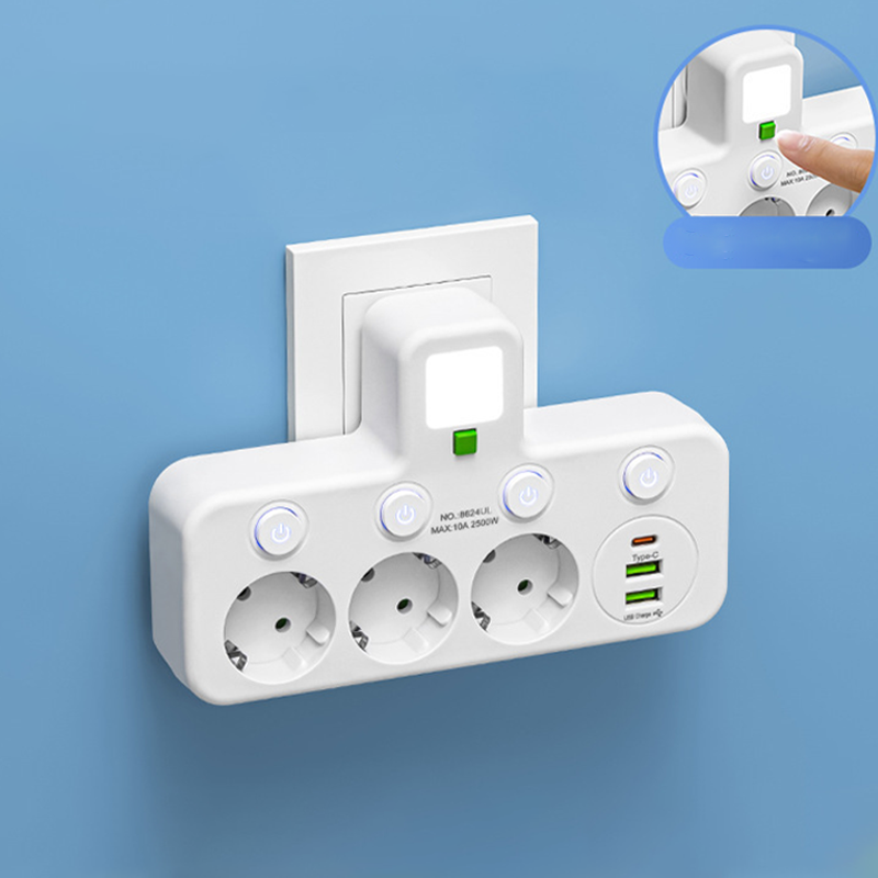 Tilaa säästävä jatkojohto valolla ja USB-liitännöillä
