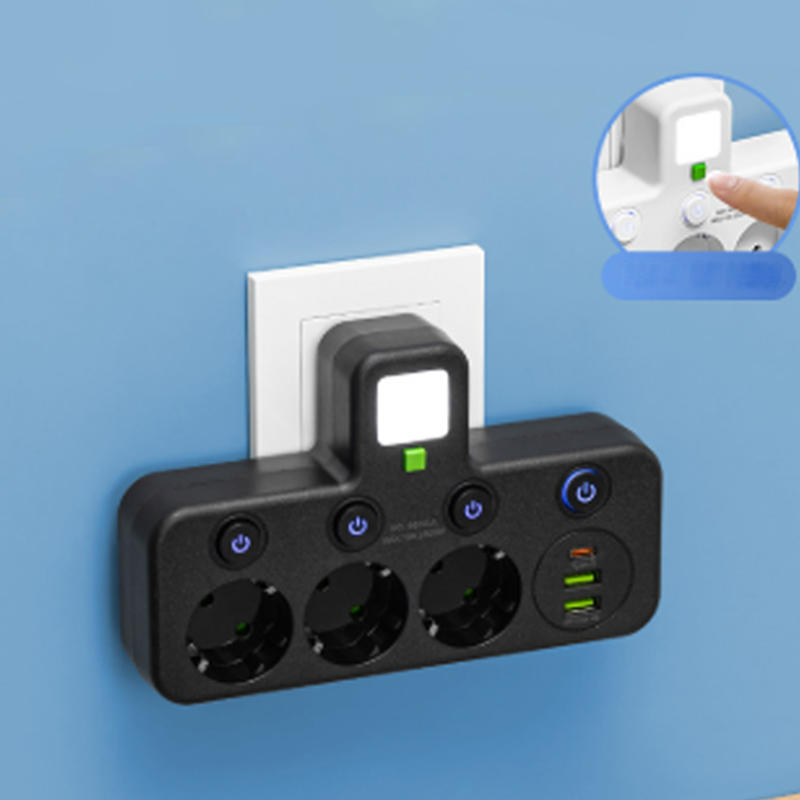 Tilaa säästävä jatkojohto valolla ja USB-liitännöillä