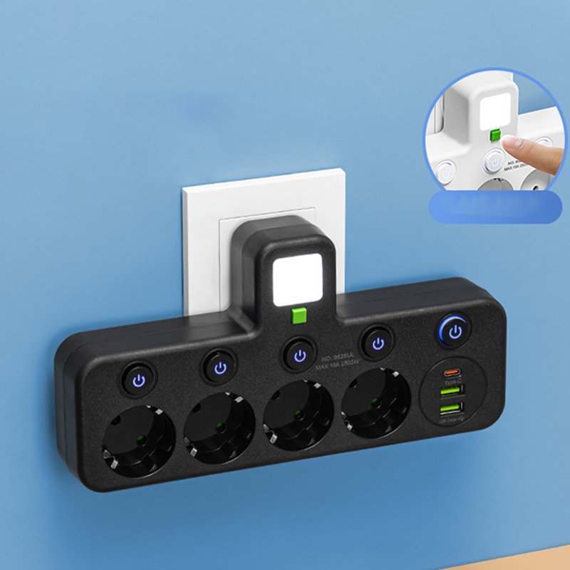 Tilaa säästävä jatkojohto valolla ja USB-liitännöillä