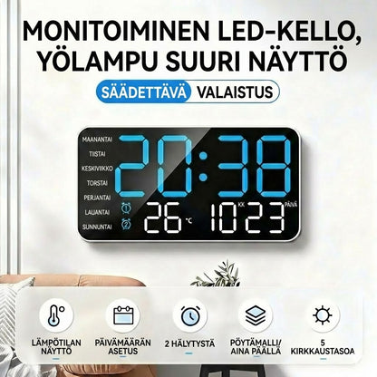 Monitoiminen koristeellinen digitaalinen LED-seinäkello