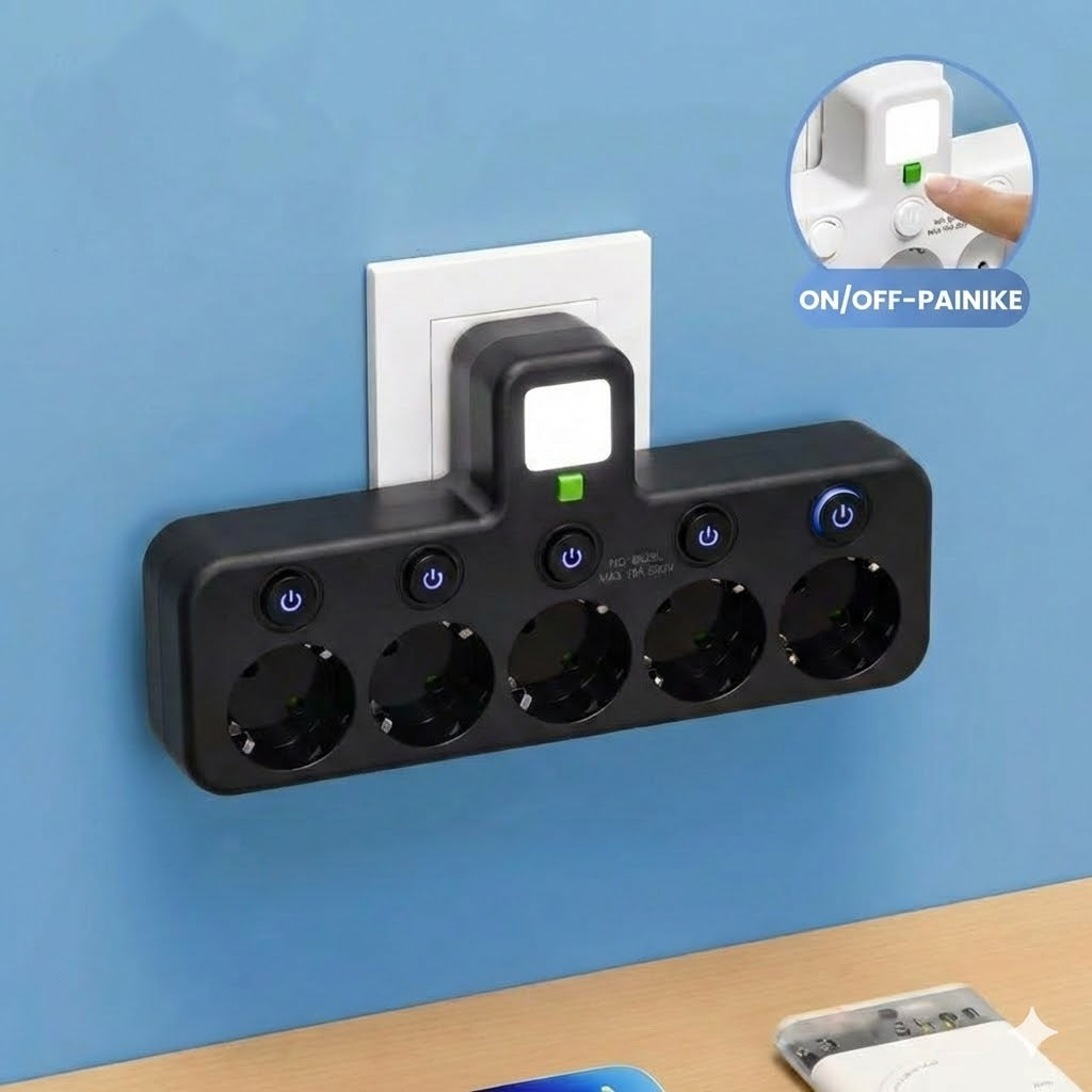 Tilaa säästävä jatkojohto valolla ja USB-liitännöillä