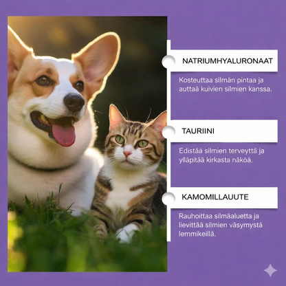 Hellävarainen silmienhuuhteluaine koirille ja kissoille