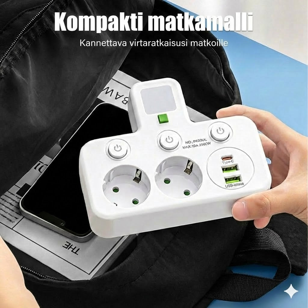 Tilaa säästävä jatkojohto valolla ja USB-liitännöillä