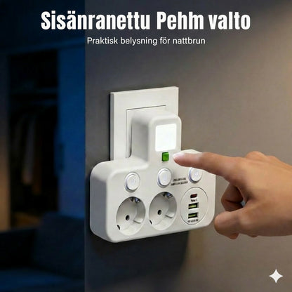 Tilaa säästävä jatkojohto valolla ja USB-liitännöillä