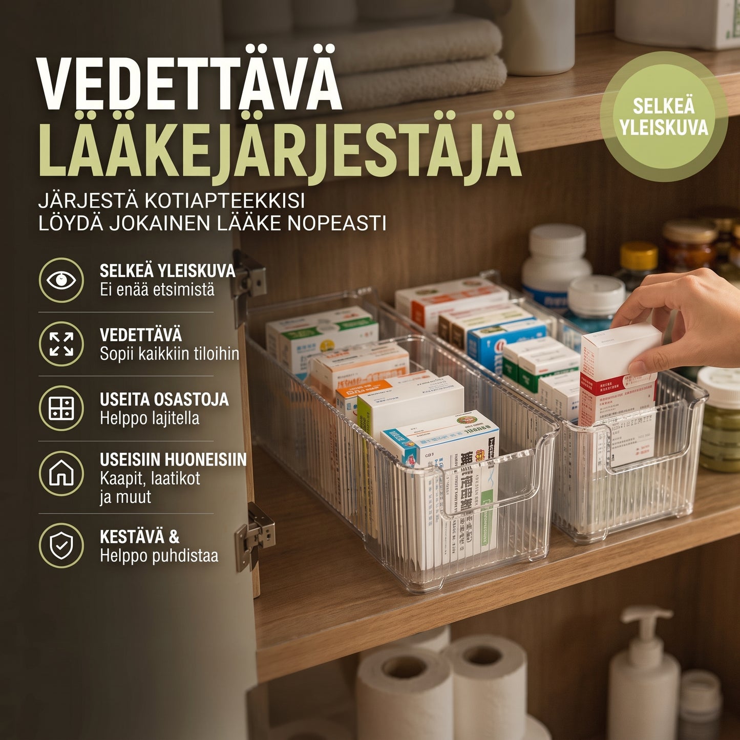 Ulosvedettävä läpinäkyvä lääkejärjestäjä
