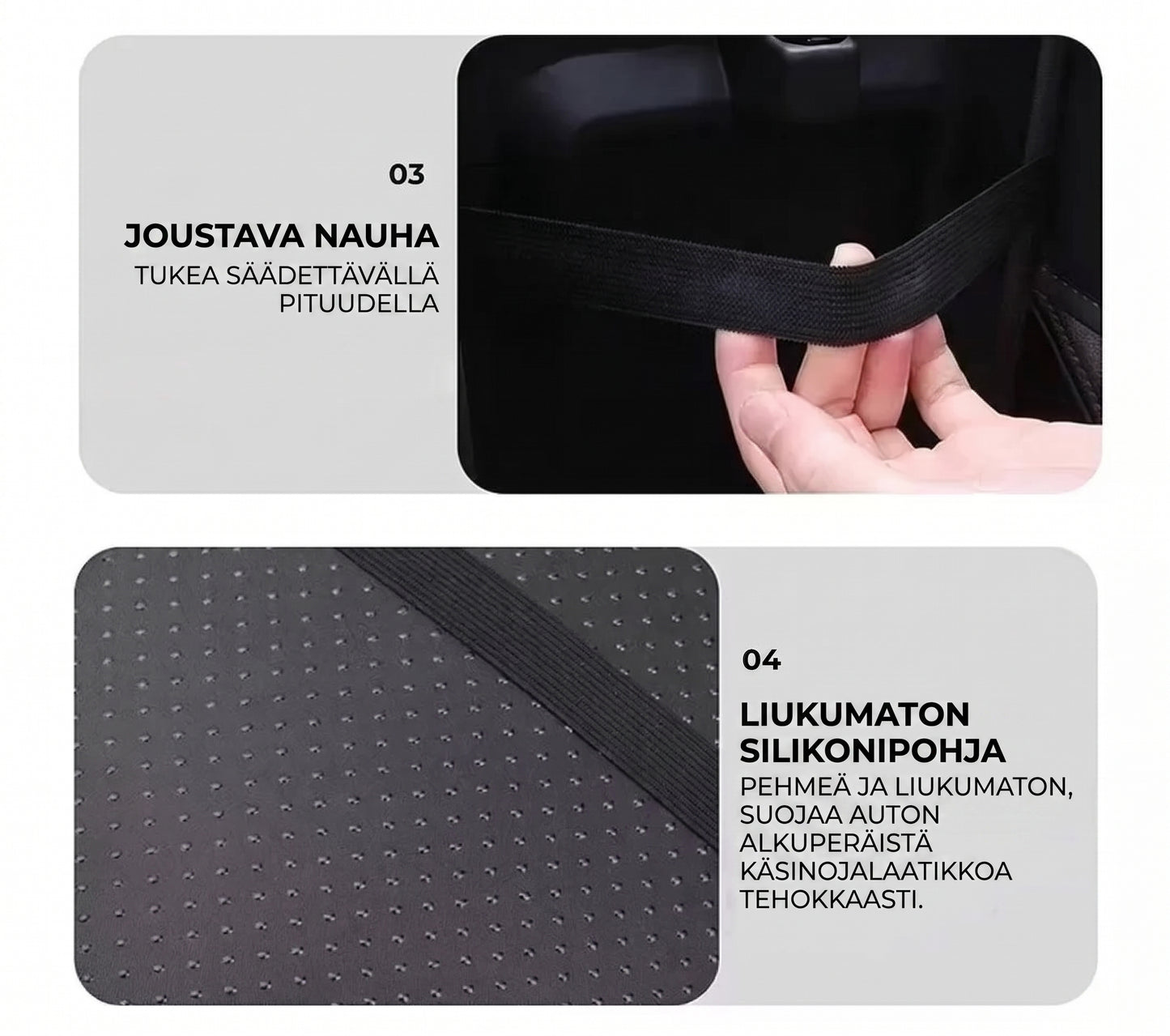 Auton keskikonsolin käsinojan suojus sivutaskuilla
