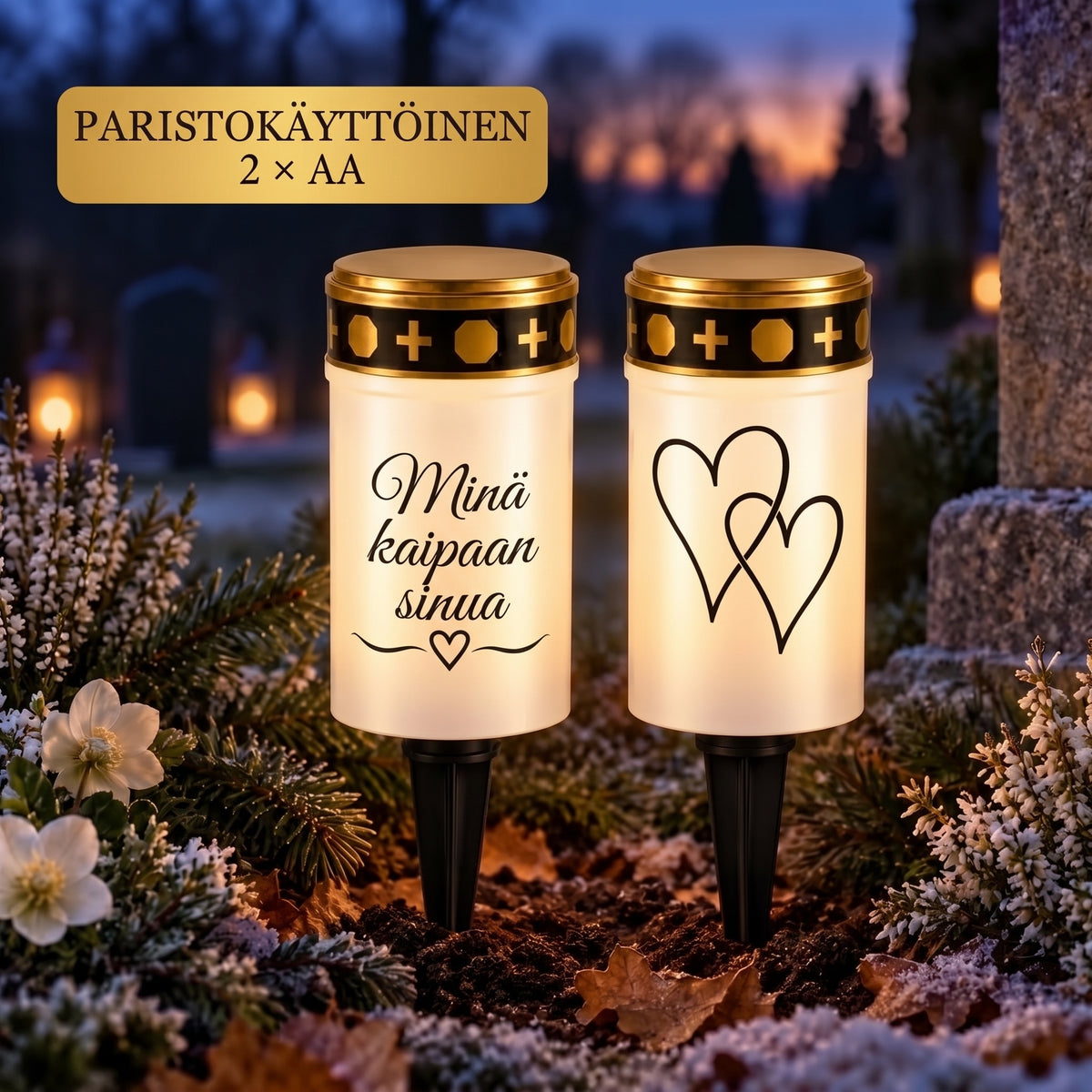 MinnesLjus LED-hautakynttilät 2 kappaleen setti aurinkokennolla tai paristolla