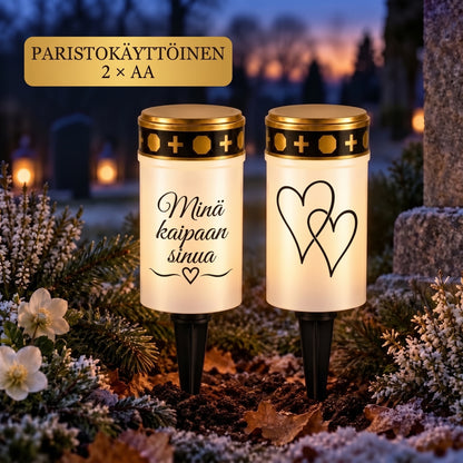 MinnesLjus LED-hautakynttilät 2 kappaleen setti aurinkokennolla tai paristolla