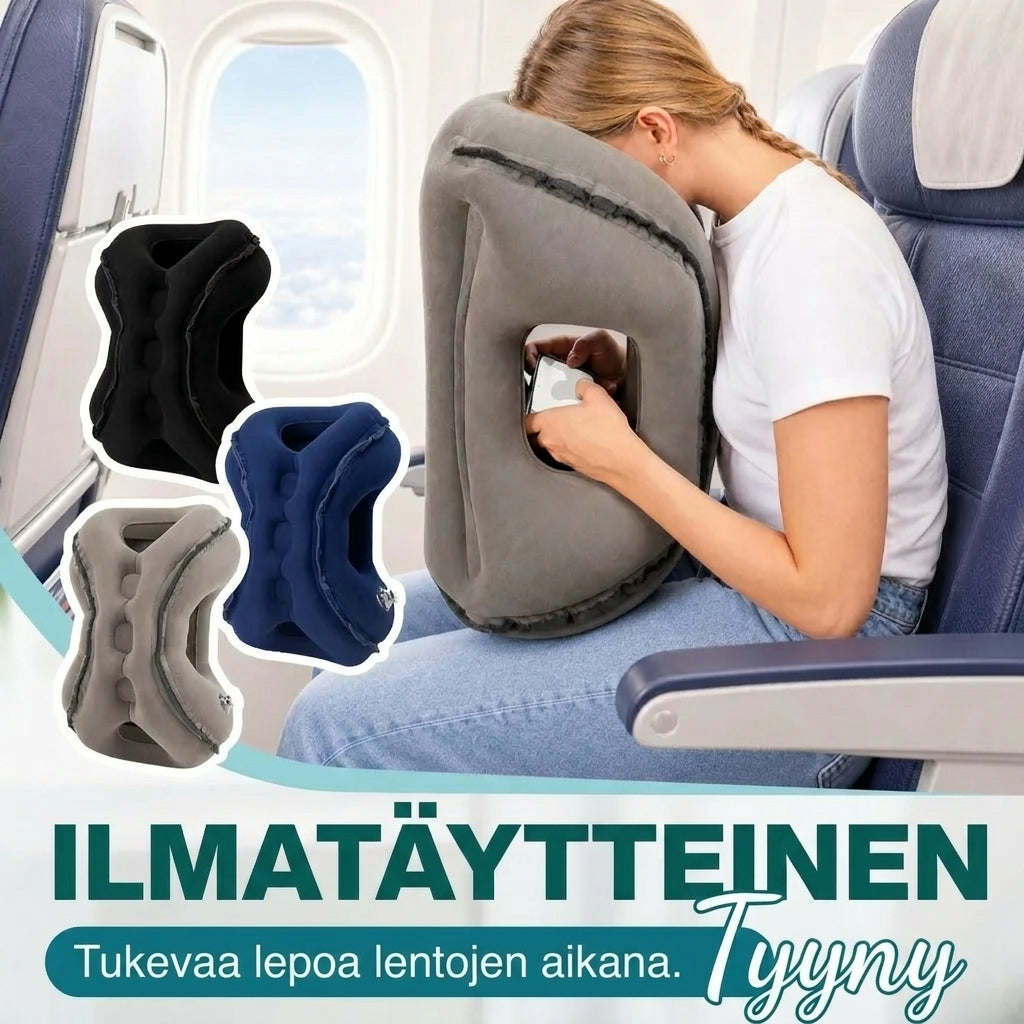 Puhallettava matkatyyny matkalle