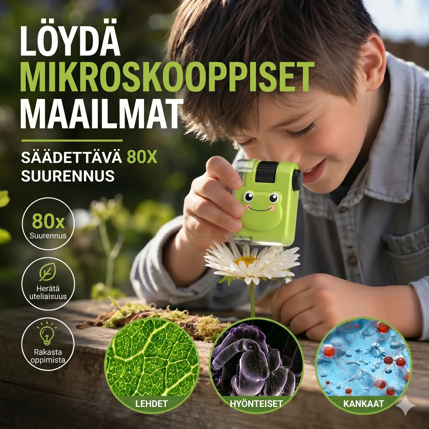 Kannettava opetuskäyttöön tarkoitettu mikroskooppi puhelinpidikkeellä lapsille