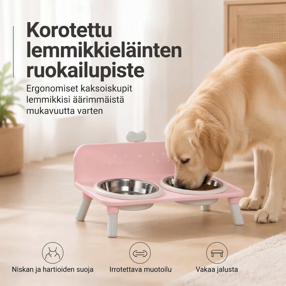 Korotettu kaksiosainen ruokakuppiteline kissoille ja koirille ruostumattomasta teräksestä valmistetuilla kupeilla