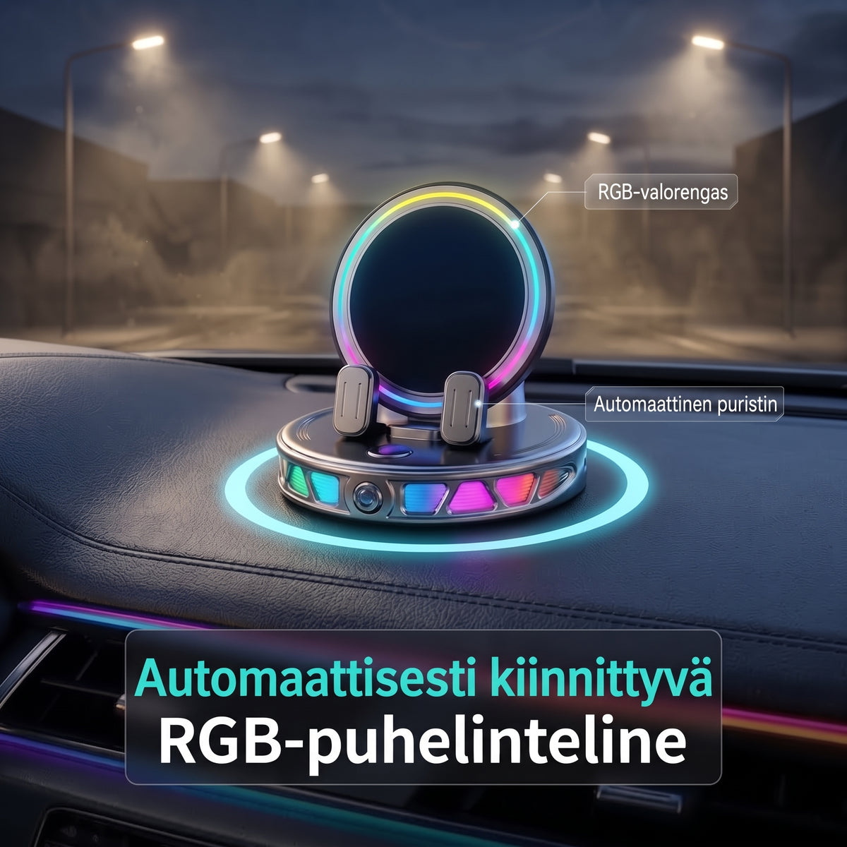 Autopuhelinteline langattomalla latauksella, 360 asteen pyörityksellä ja RGB-valaistuksella