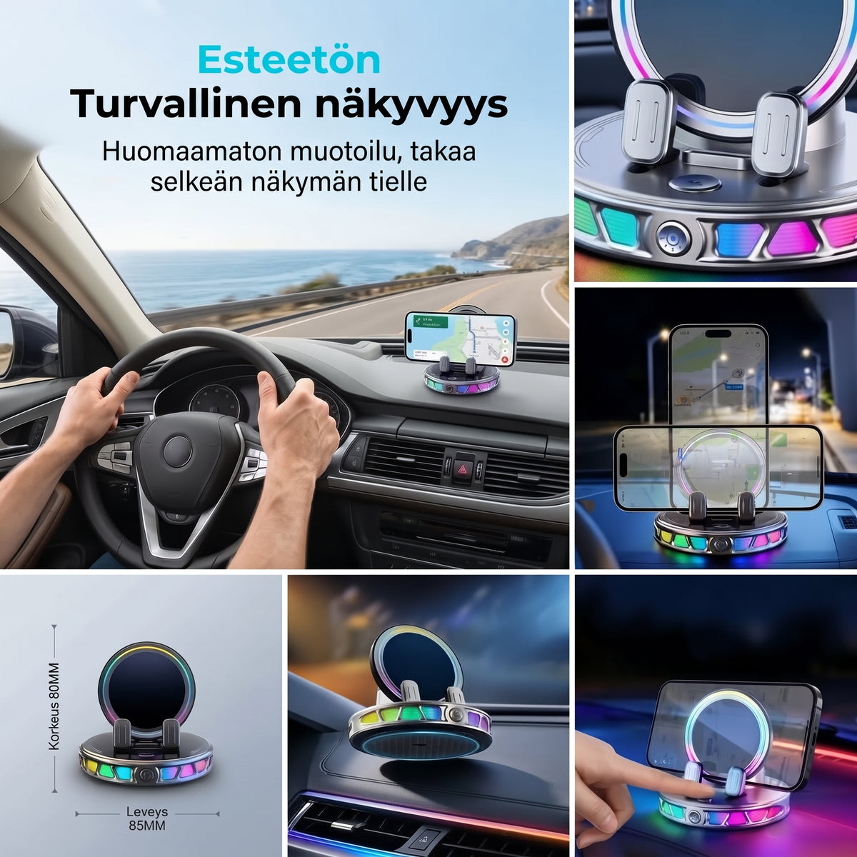 Autopuhelinteline langattomalla latauksella, 360 asteen pyörityksellä ja RGB-valaistuksella