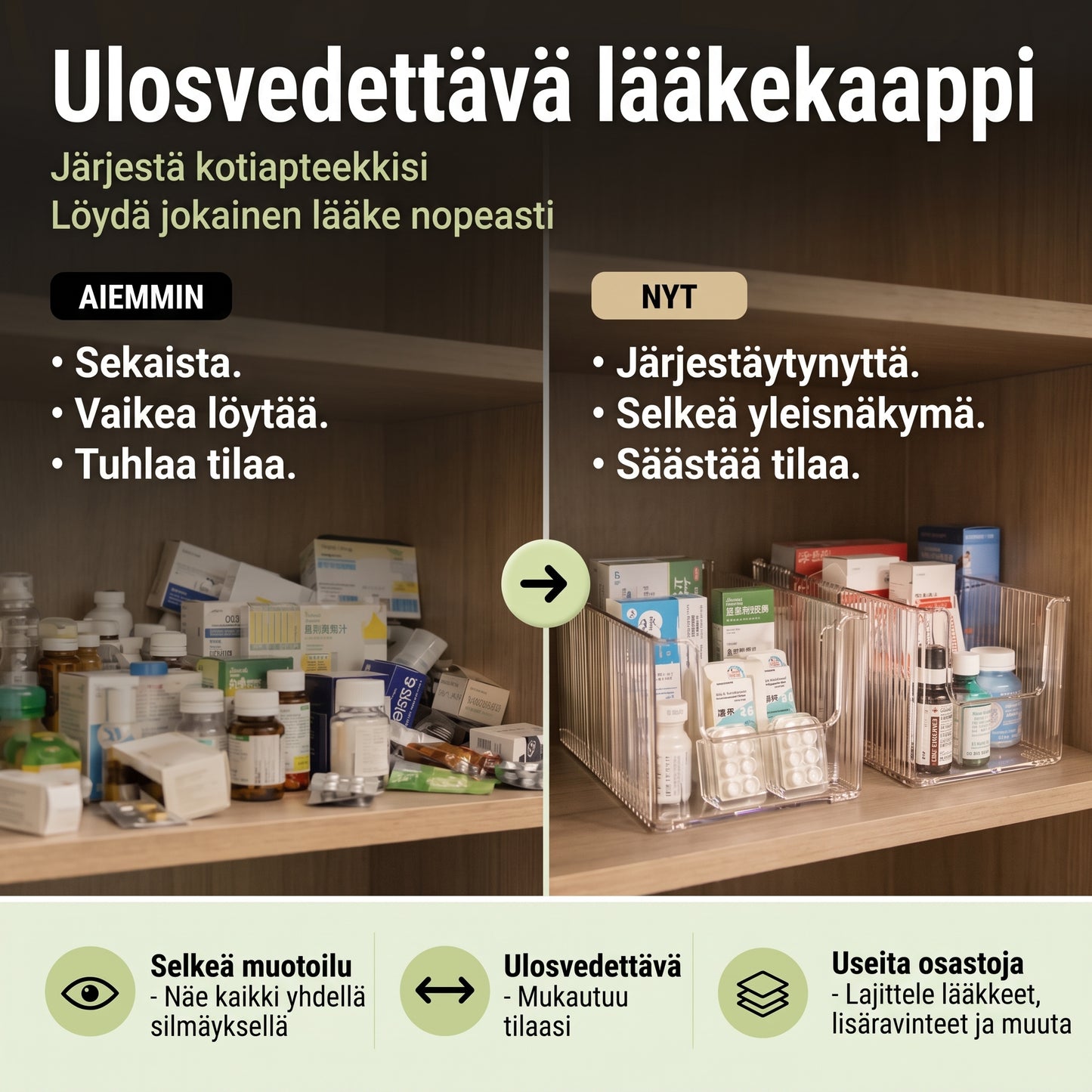 Ulosvedettävä läpinäkyvä lääkejärjestäjä