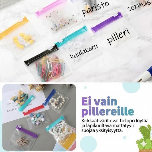 7 osan setti läpinäkyviä pilleripusseja liukulukituksella – ilmatiivis