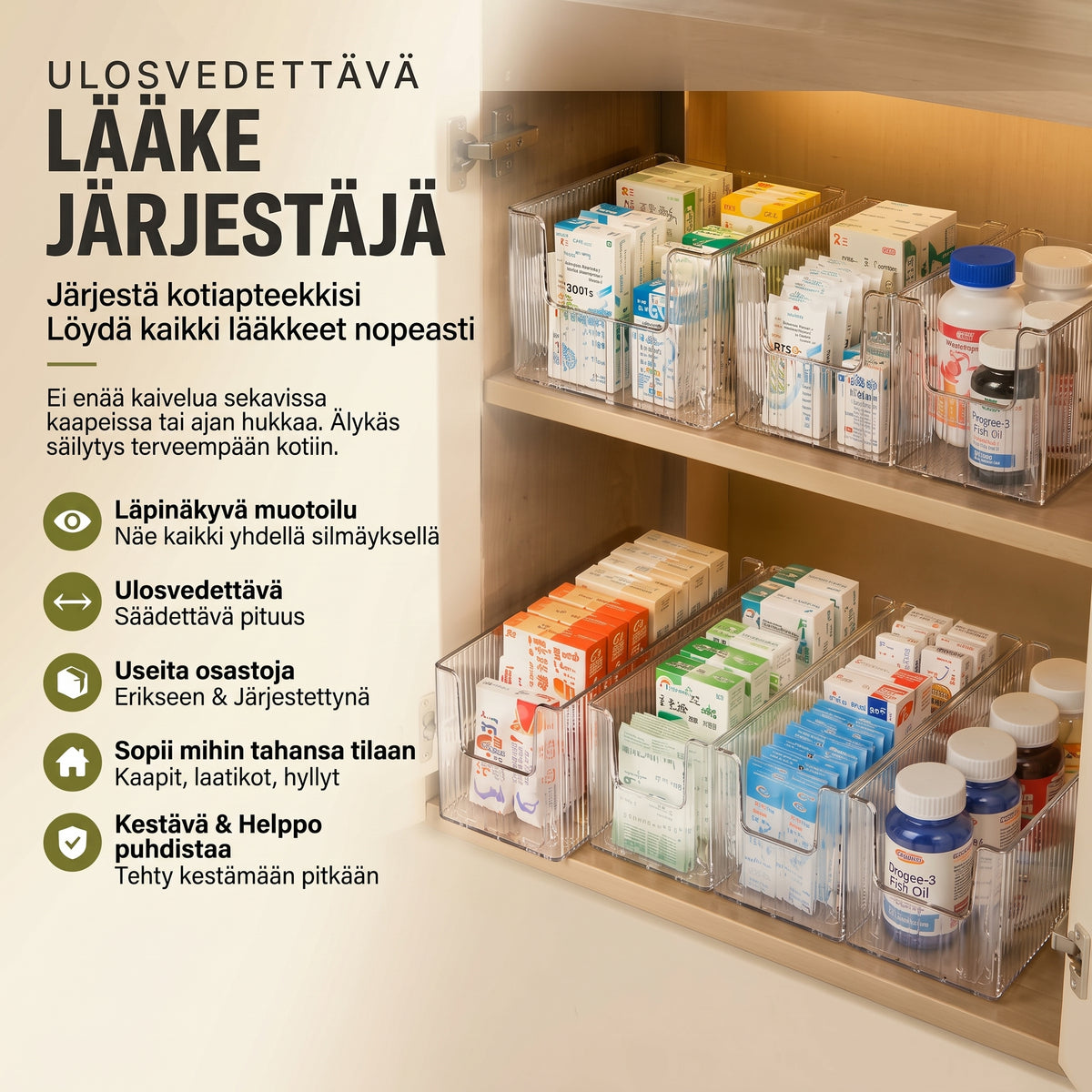 Ulosvedettävä läpinäkyvä lääkejärjestäjä