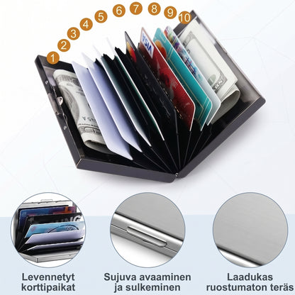 Ruostumattomasta teräksestä valmistettu RFID-korttikotelo 10 lokerolla
