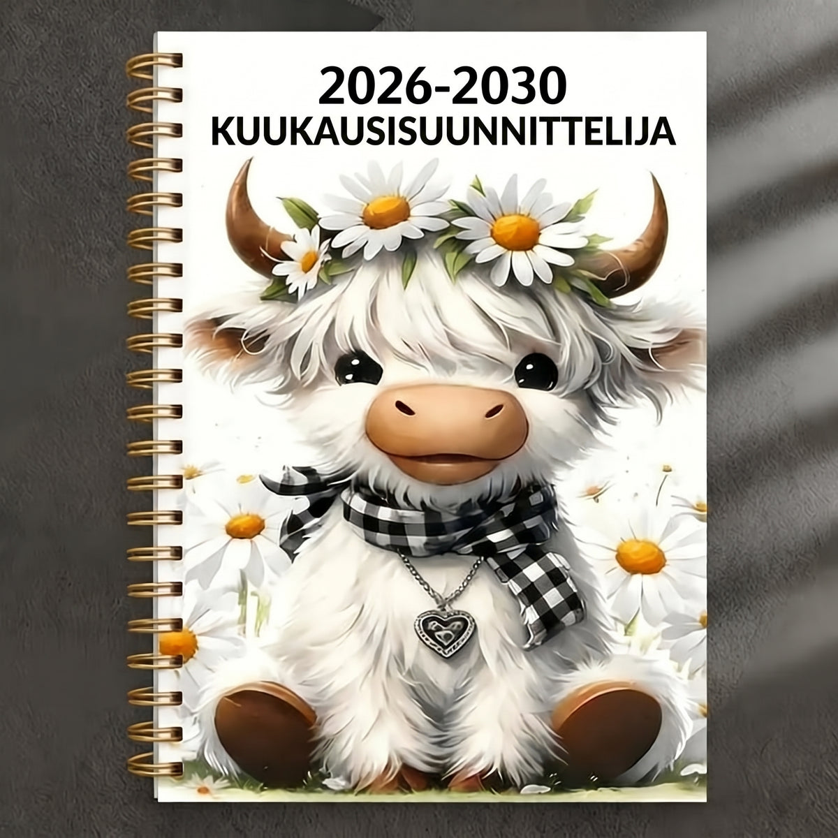 Viiden vuoden A5-kuukausikalenteri 2026–2030 skotlantilaisella ylämaankarjadesignilla