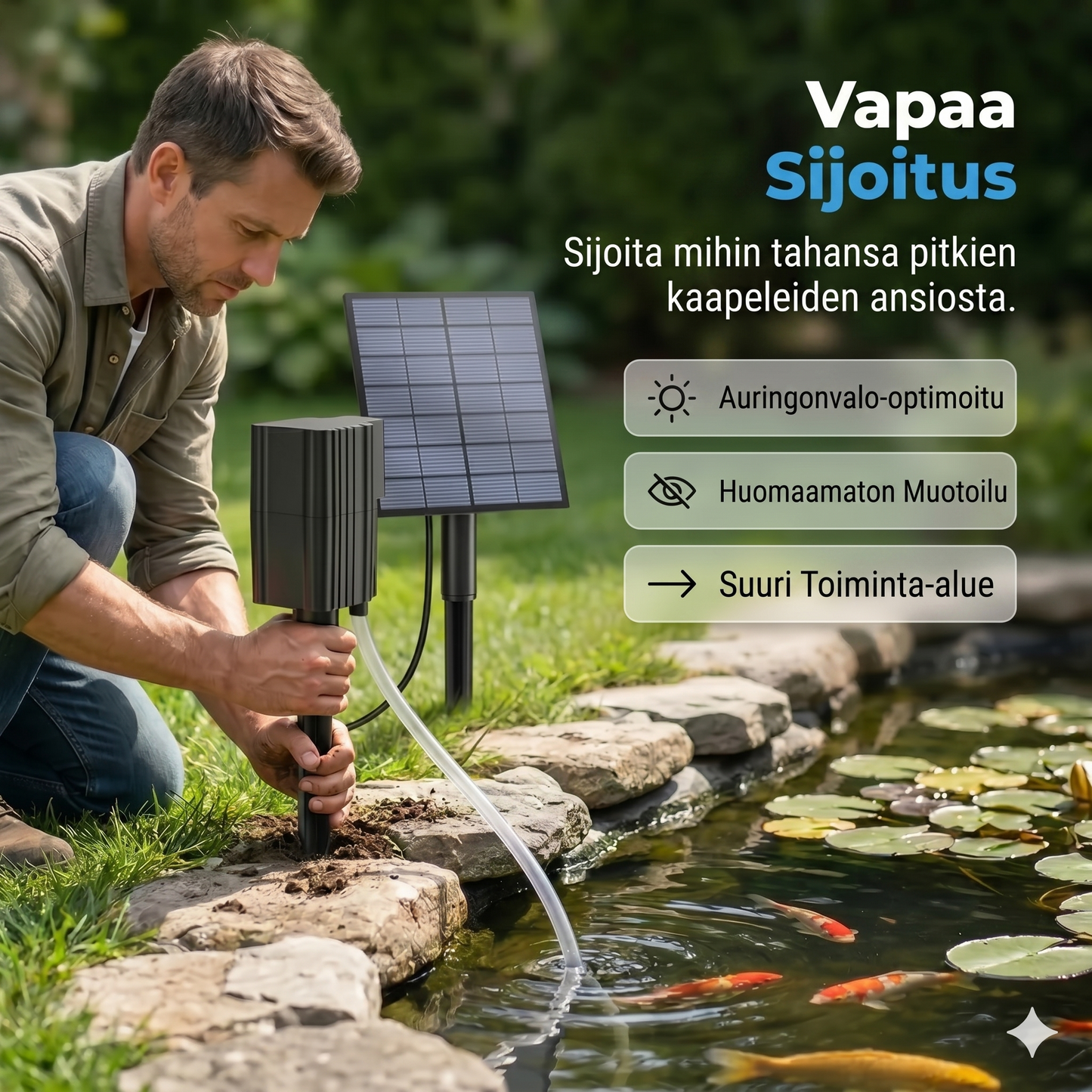 Aurinkoenergialla toimiva lammikon ilmastin – tarjoaa jatkuvasti happea kaloille ja kasveille