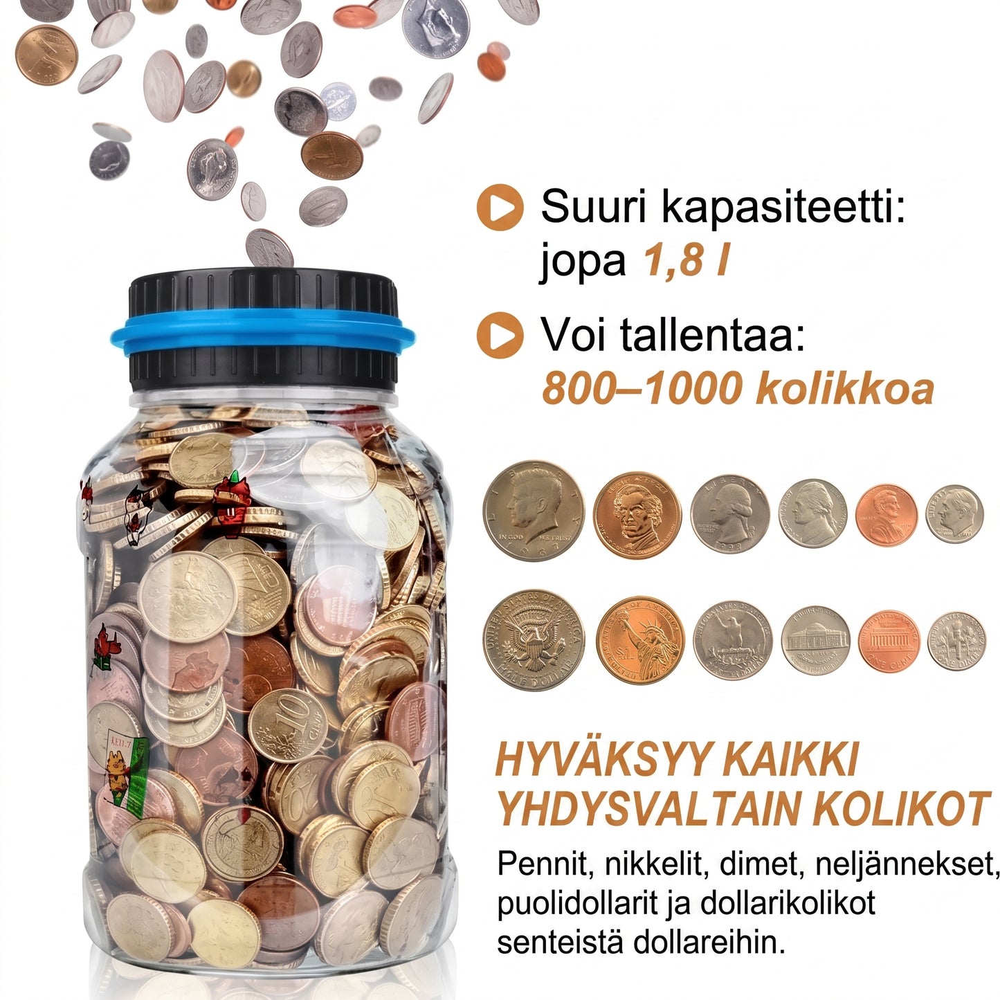 Digitaalinen säästöpossu kolikkolaskurilla euroille ja dollareille