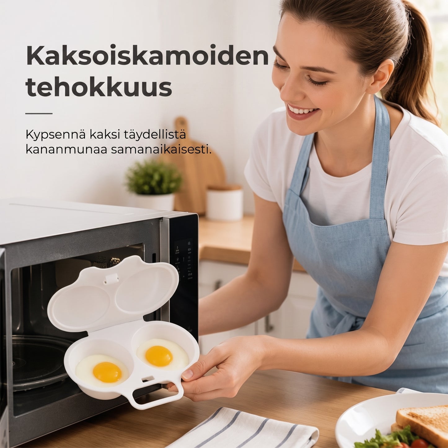 Mikroaaltouunin munankeitin kannella ja kahvalla