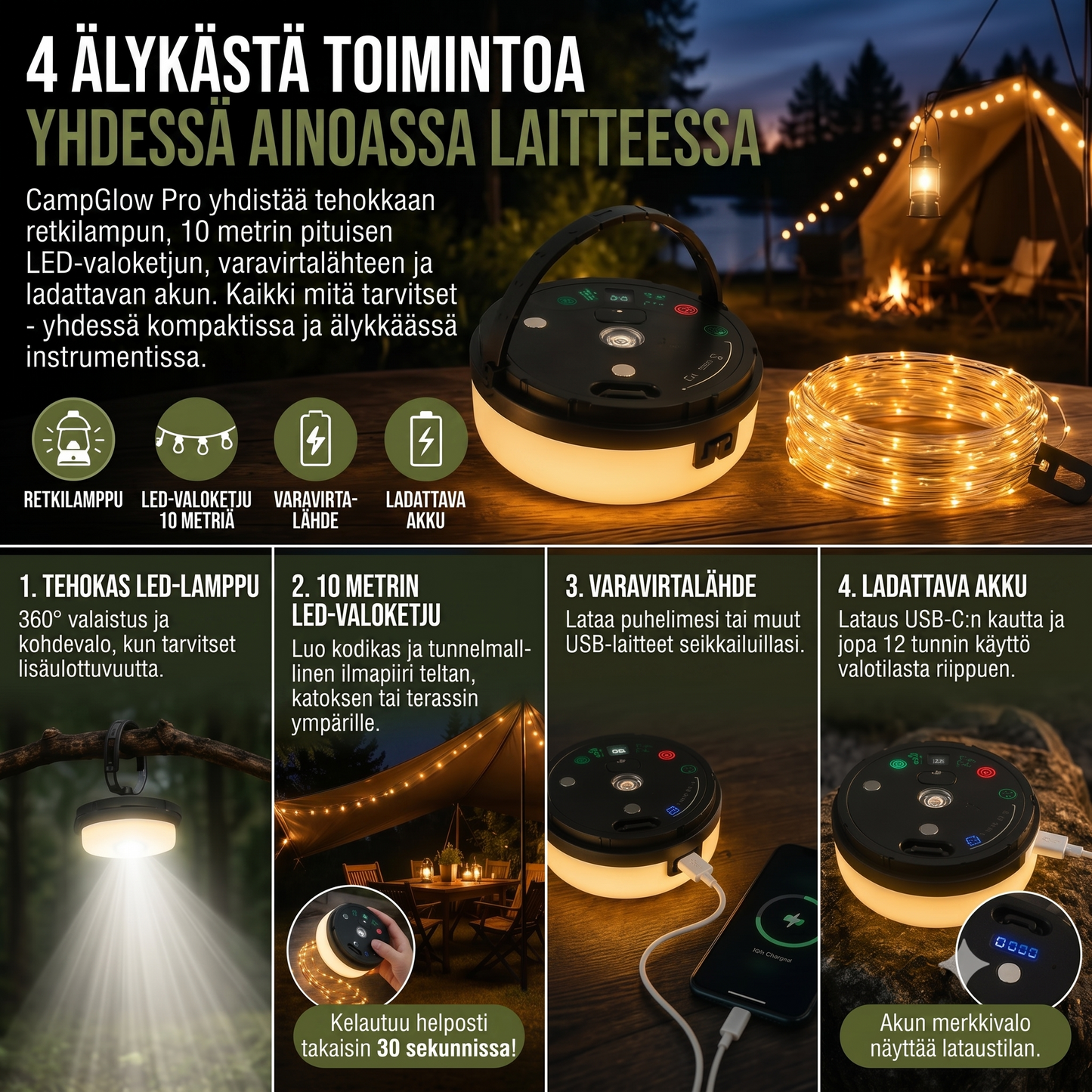 CampGlow 4-in-1 ladattava retkeilylamppu valonauhalla ja varavirtalähteellä