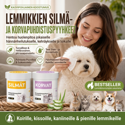 Alkoholittomat puhdistusliinat lemmikkien korville ja silmille