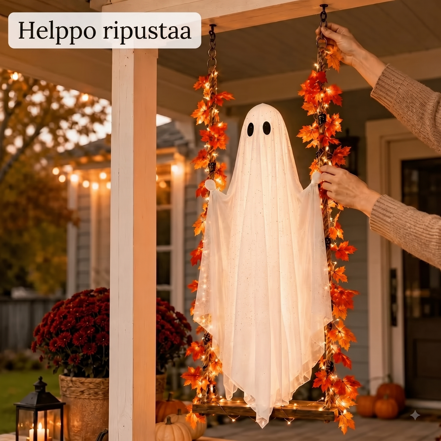 LED-valoilla varustettu roikkuva kummituskeinu Halloweeniksi