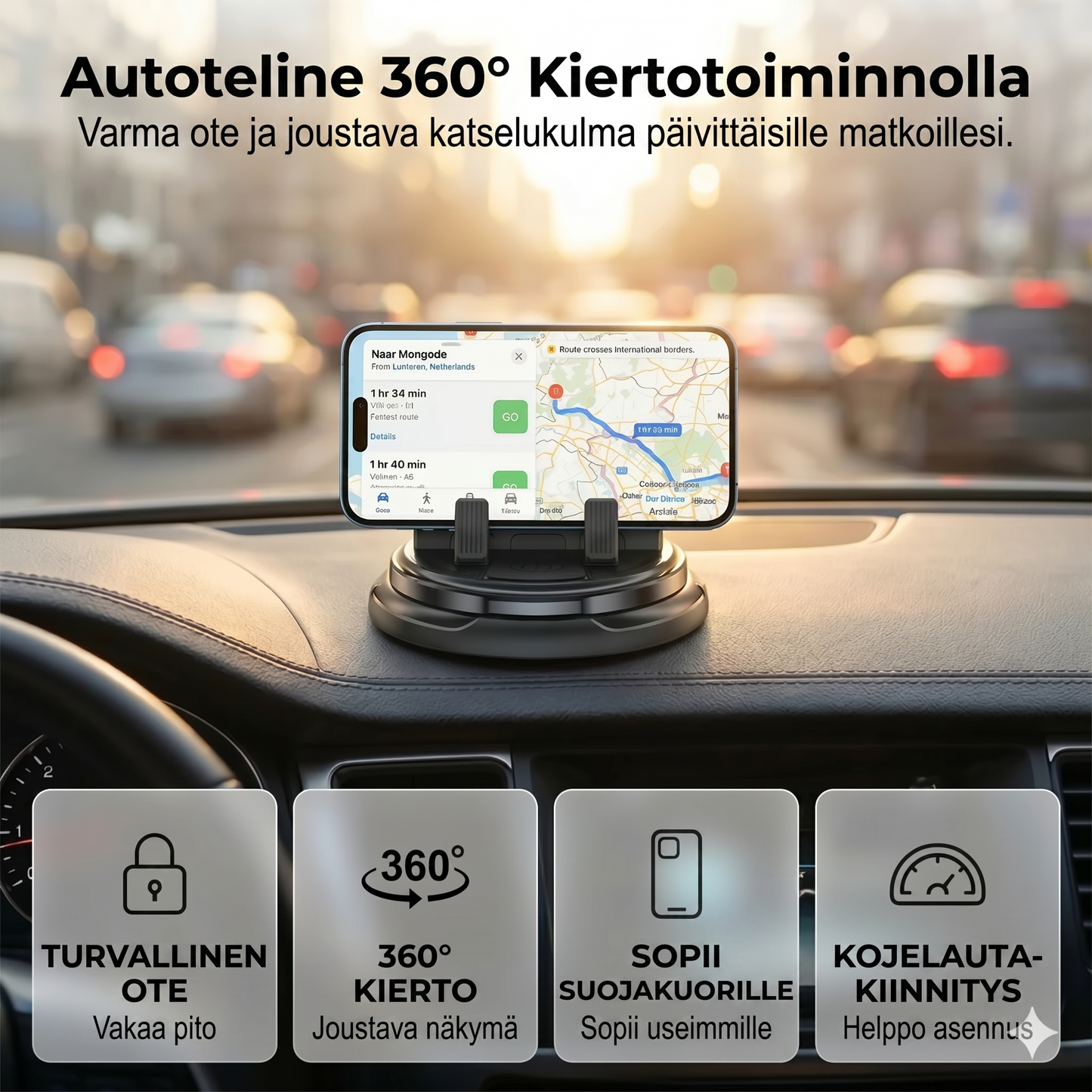360° kääntyvä puhelinpidike kojelaudalle