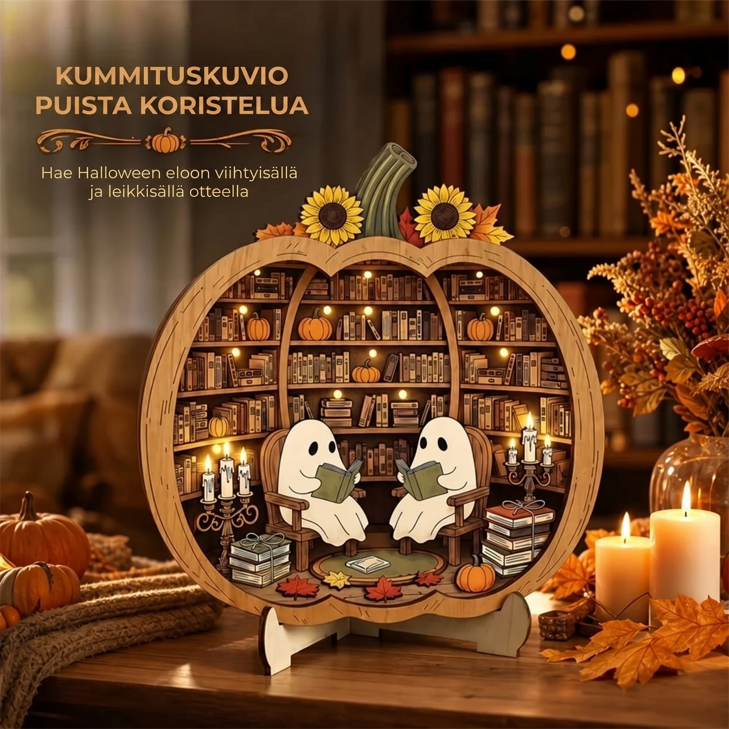 Puinen Halloween-kurpitsakoriste LED-valolla