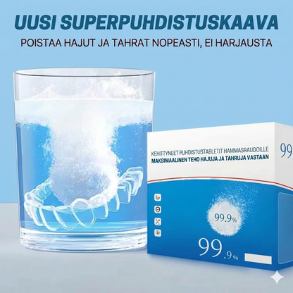 Puhdistustabletit hammasraudoille hajua ja tahroja vastaan (10 kpl per setti)
