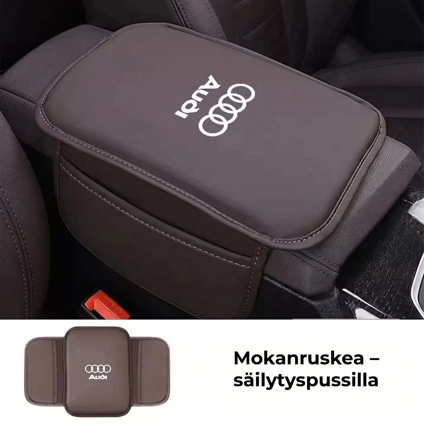 Auton keskikonsolin käsinojan suojus sivutaskuilla