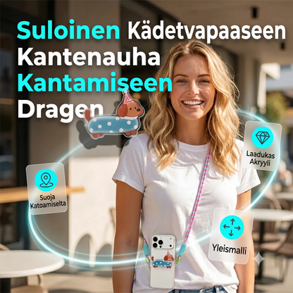 Puhelinpidike sarjakuvahahmolla ja rannelenkillä