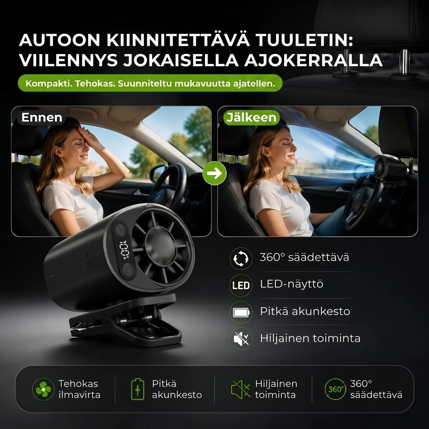 Ladattava autotuulettin klipsillä