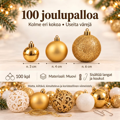 100 joulupallon setti joulukuuseen