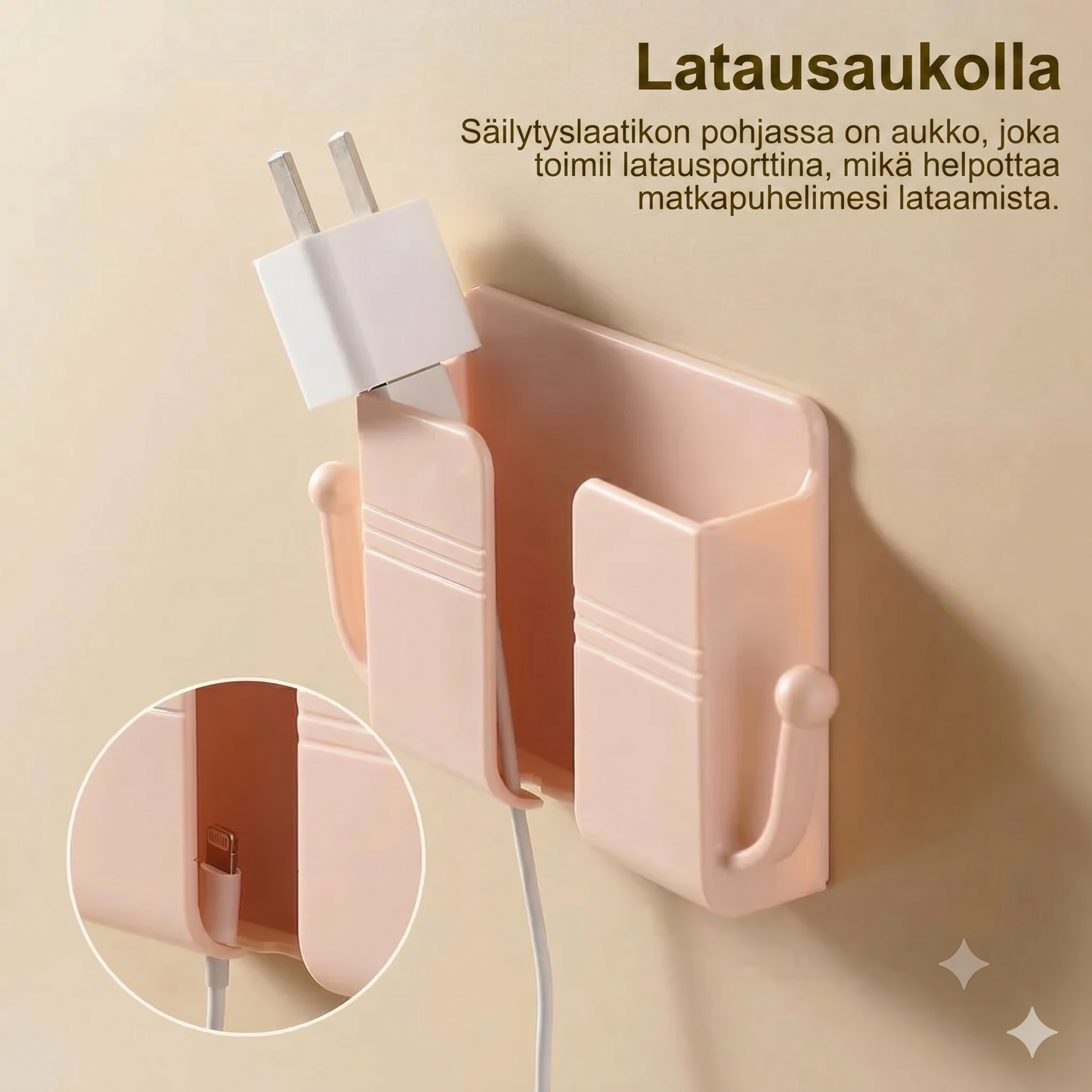 Kaukosäätimen ja matkapuhelimen pistokkeen seinäteline