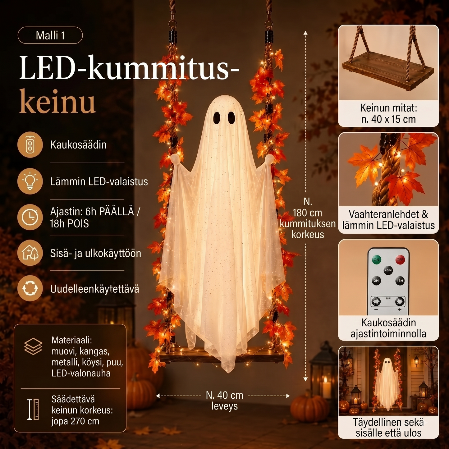 LED-valoilla varustettu roikkuva kummituskeinu Halloweeniksi