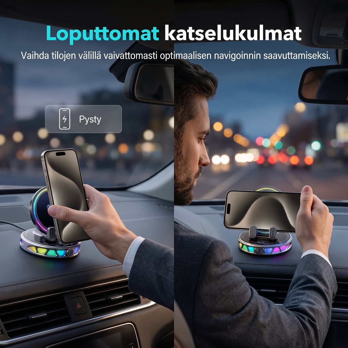 Autopuhelinteline langattomalla latauksella, 360 asteen pyörityksellä ja RGB-valaistuksella