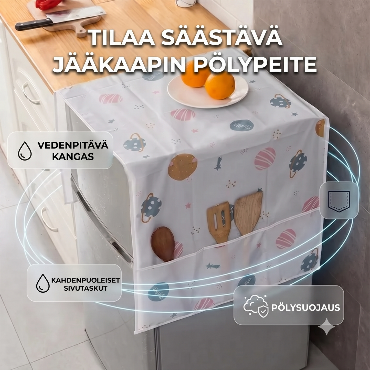 Pyykinpesukoneen suojapäällinen sivutaskuilla