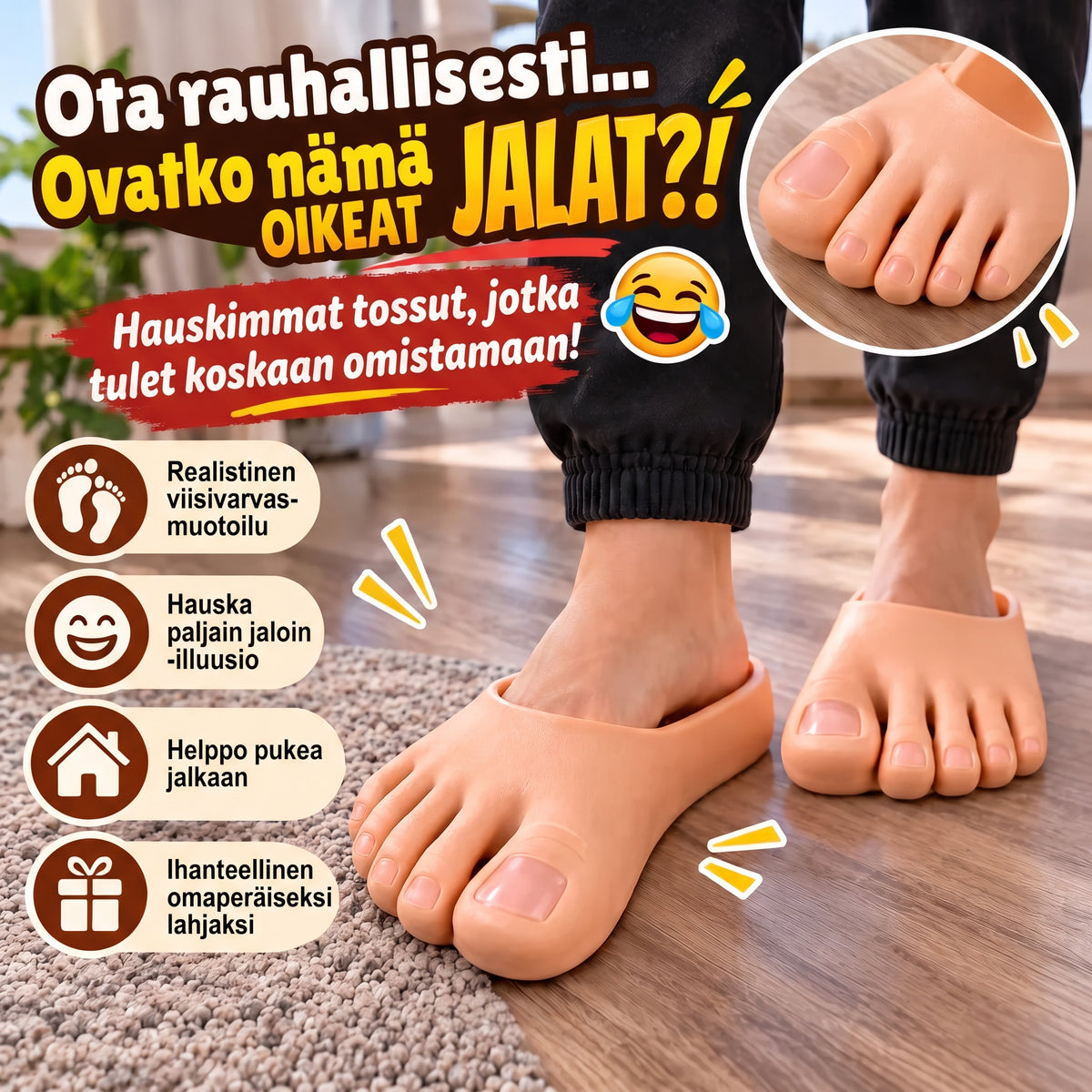 Hauskat tohvelit realistisilla isoilla varpailla