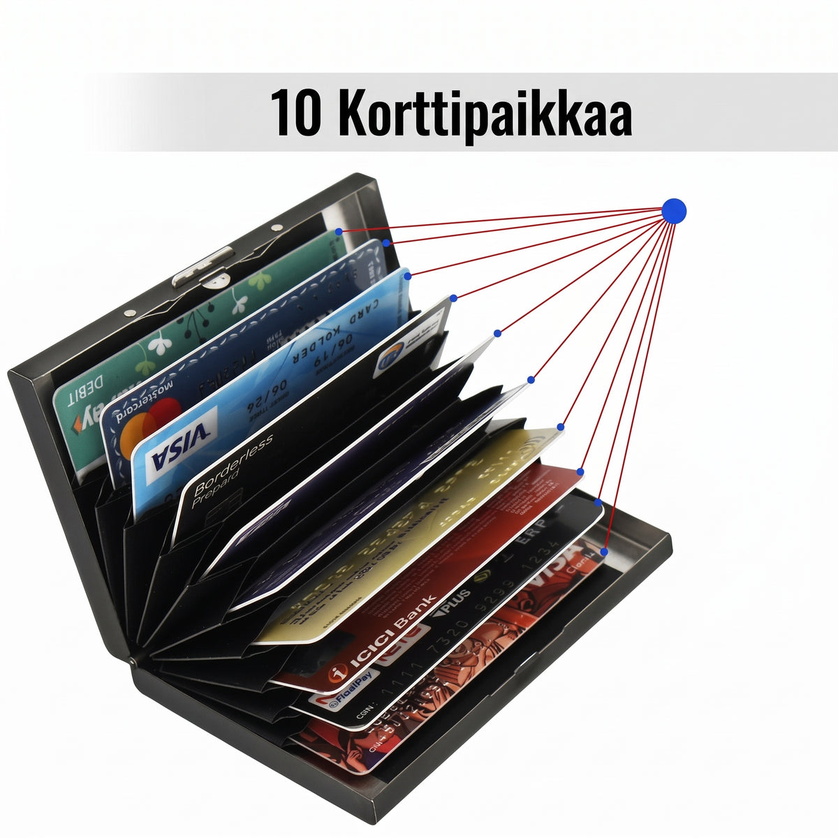 Ruostumattomasta teräksestä valmistettu RFID-korttikotelo 10 lokerolla